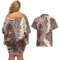 Mocha Mousse Polynesian Tribal Frangipani Tropical Vibe Couples Matching Off Shoulder Short Dress and Hawaiian Shirt