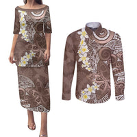 Mocha Mousse Polynesian Tribal Frangipani Tropical Vibe Couples Matching Puletasi and Long Sleeve Button Shirt