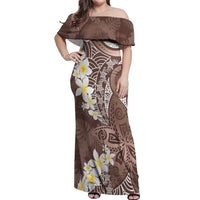 Mocha Mousse Polynesian Tribal Frangipani Tropical Vibe Off Shoulder Maxi Dress