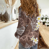 Mocha Mousse Polynesian Tribal Frangipani Tropical Vibe Women Casual Shirt