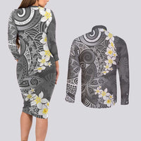 Gray Polynesian Tribal Frangipani Tropical Vibe Couples Matching Long Sleeve Bodycon Dress and Long Sleeve Button Shirt