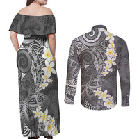 Gray Polynesian Tribal Frangipani Tropical Vibe Couples Matching Off Shoulder Maxi Dress and Long Sleeve Button Shirt