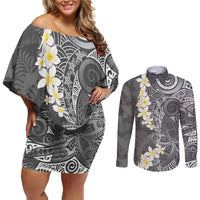 Gray Polynesian Tribal Frangipani Tropical Vibe Couples Matching Off Shoulder Short Dress and Long Sleeve Button Shirt