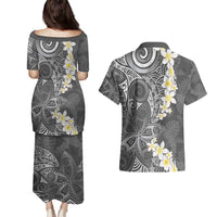 Gray Polynesian Tribal Frangipani Tropical Vibe Couples Matching Puletasi and Hawaiian Shirt