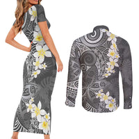 Gray Polynesian Tribal Frangipani Tropical Vibe Couples Matching Short Sleeve Bodycon Dress and Long Sleeve Button Shirt