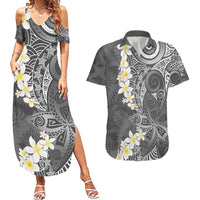Gray Polynesian Tribal Frangipani Tropical Vibe Couples Matching Summer Maxi Dress and Hawaiian Shirt