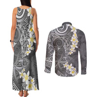 Gray Polynesian Tribal Frangipani Tropical Vibe Couples Matching Tank Maxi Dress and Long Sleeve Button Shirt