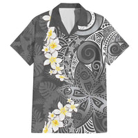 Gray Polynesian Tribal Frangipani Tropical Vibe Family Matching Off The Shoulder Long Sleeve Dress and Hawaiian Shirt