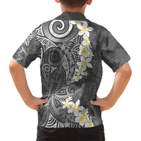 Gray Polynesian Tribal Frangipani Tropical Vibe Family Matching Puletasi and Hawaiian Shirt