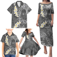 Gray Polynesian Tribal Frangipani Tropical Vibe Family Matching Puletasi and Hawaiian Shirt