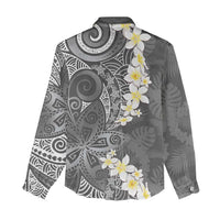 Gray Polynesian Tribal Frangipani Tropical Vibe Women Casual Shirt