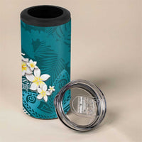 Cyan Polynesian Tribal Frangipani Tropical Vibe 4 in 1 Can Cooler Tumbler