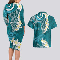 Cyan Polynesian Tribal Frangipani Tropical Vibe Couples Matching Long Sleeve Bodycon Dress and Hawaiian Shirt