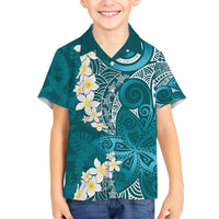 Cyan Polynesian Tribal Frangipani Tropical Vibe Family Matching Off The Shoulder Long Sleeve Dress and Hawaiian Shirt
