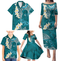 Cyan Polynesian Tribal Frangipani Tropical Vibe Family Matching Puletasi and Hawaiian Shirt