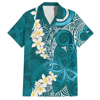 Cyan Polynesian Tribal Frangipani Tropical Vibe Family Matching Puletasi and Hawaiian Shirt
