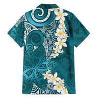 Cyan Polynesian Tribal Frangipani Tropical Vibe Family Matching Short Sleeve Bodycon Dress and Hawaiian Shirt