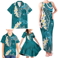 Cyan Polynesian Tribal Frangipani Tropical Vibe Family Matching Tank Maxi Dress and Hawaiian Shirt
