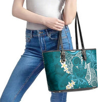Cyan Polynesian Tribal Frangipani Tropical Vibe Leather Tote Bag