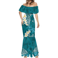 Cyan Polynesian Tribal Frangipani Tropical Vibe Mermaid Dress