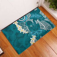 Cyan Polynesian Tribal Frangipani Tropical Vibe Rubber Doormat