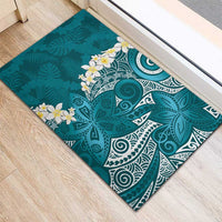 Cyan Polynesian Tribal Frangipani Tropical Vibe Rubber Doormat