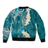 Cyan Polynesian Tribal Frangipani Tropical Vibe Sleeve Zip Bomber Jacket