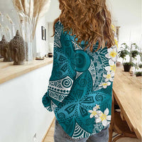 Cyan Polynesian Tribal Frangipani Tropical Vibe Women Casual Shirt