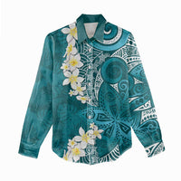 Cyan Polynesian Tribal Frangipani Tropical Vibe Women Casual Shirt