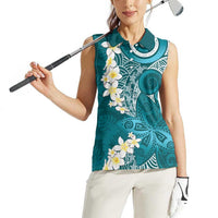 Cyan Polynesian Tribal Frangipani Tropical Vibe Women Sleeveless Polo Shirt
