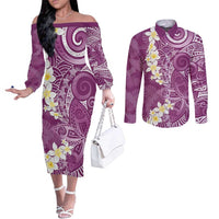Pink Polynesian Tribal Frangipani Tropical Vibe Couples Matching Off The Shoulder Long Sleeve Dress and Long Sleeve Button Shirt