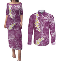 Pink Polynesian Tribal Frangipani Tropical Vibe Couples Matching Puletasi and Long Sleeve Button Shirt