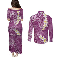 Pink Polynesian Tribal Frangipani Tropical Vibe Couples Matching Puletasi and Long Sleeve Button Shirt