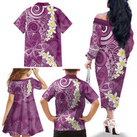 Pink Polynesian Tribal Frangipani Tropical Vibe Family Matching Off The Shoulder Long Sleeve Dress and Hawaiian Shirt