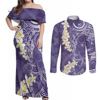 Violet Polynesian Tribal Frangipani Tropical Vibe Couples Matching Off Shoulder Maxi Dress and Long Sleeve Button Shirt