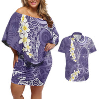 Violet Polynesian Tribal Frangipani Tropical Vibe Couples Matching Off Shoulder Short Dress and Hawaiian Shirt