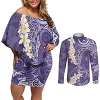 Violet Polynesian Tribal Frangipani Tropical Vibe Couples Matching Off Shoulder Short Dress and Long Sleeve Button Shirt