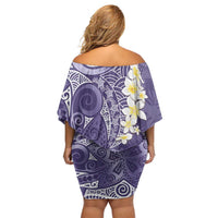 Violet Polynesian Tribal Frangipani Tropical Vibe Family Matching Off Shoulder Short Dress and Hawaiian Shirt