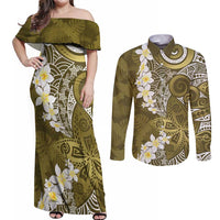 Gold Polynesian Tribal Frangipani Tropical Vibe Couples Matching Off Shoulder Maxi Dress and Long Sleeve Button Shirt