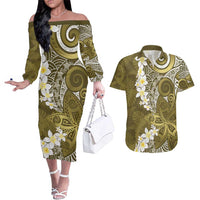 Gold Polynesian Tribal Frangipani Tropical Vibe Couples Matching Off The Shoulder Long Sleeve Dress and Hawaiian Shirt