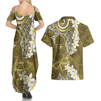 Gold Polynesian Tribal Frangipani Tropical Vibe Couples Matching Summer Maxi Dress and Hawaiian Shirt