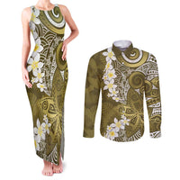 Gold Polynesian Tribal Frangipani Tropical Vibe Couples Matching Tank Maxi Dress and Long Sleeve Button Shirt