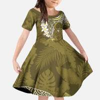 Gold Polynesian Tribal Frangipani Tropical Vibe Family Matching Off The Shoulder Long Sleeve Dress and Hawaiian Shirt