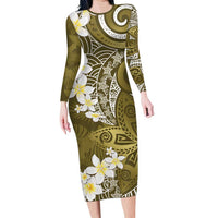 Gold Polynesian Tribal Frangipani Tropical Vibe Long Sleeve Bodycon Dress