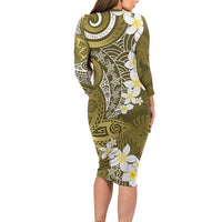Gold Polynesian Tribal Frangipani Tropical Vibe Long Sleeve Bodycon Dress