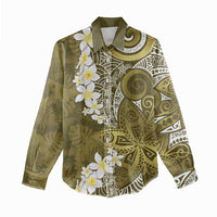 Gold Polynesian Tribal Frangipani Tropical Vibe Women Casual Shirt