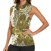 Gold Polynesian Tribal Frangipani Tropical Vibe Women Sleeveless Polo Shirt