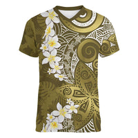 Gold Polynesian Tribal Frangipani Tropical Vibe Women V-Neck T-Shirt
