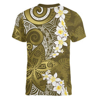 Gold Polynesian Tribal Frangipani Tropical Vibe Women V-Neck T-Shirt