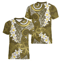 Gold Polynesian Tribal Frangipani Tropical Vibe Women V-Neck T-Shirt